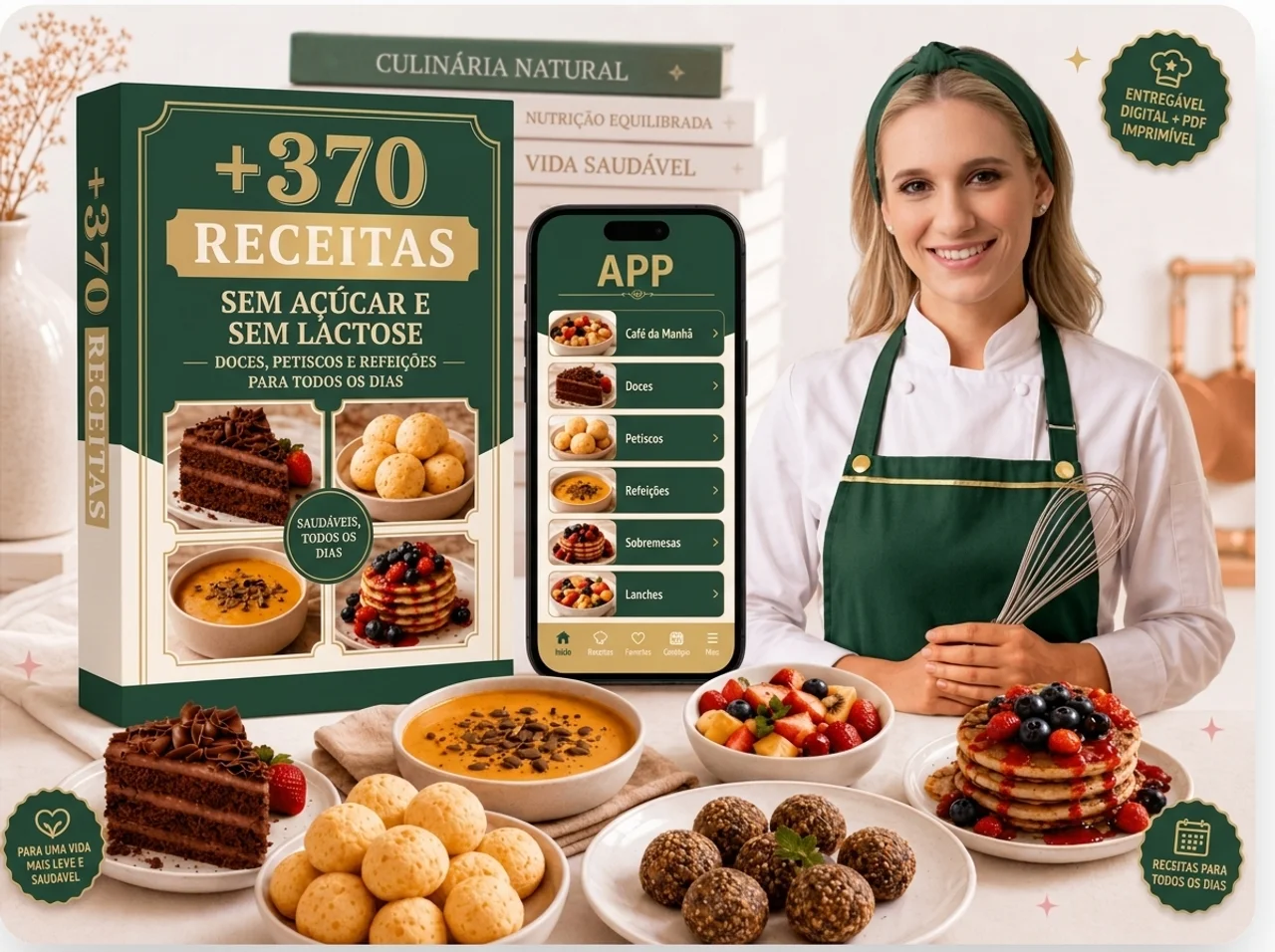 Caixa do ebook +370 Receitas Sem Açúcar e Sem Lactose ao lado do app no celular e da Chef Marielle